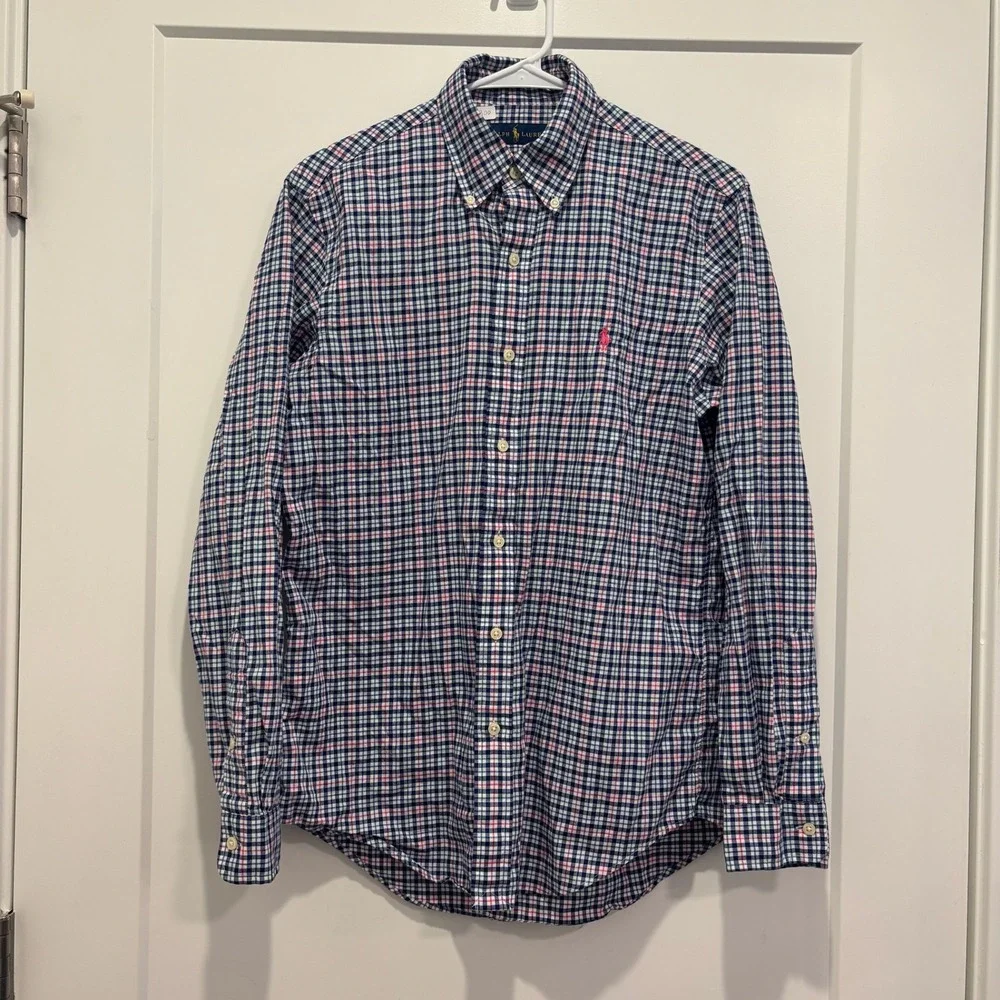 Polo Ralph Lauren Mens Small Plaid Button Down Shirt Navy Pink Teal Long Sleeve